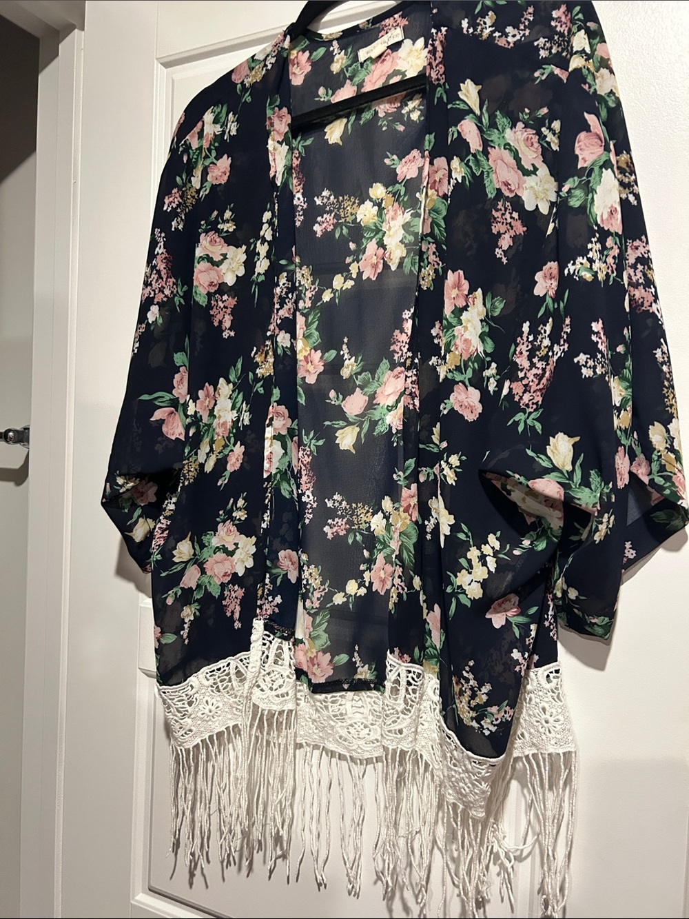 Rachael & Chloe Navy Floral Mini Kimono with Cream Fringe